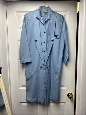 Light Blue Women's Midi Dress with Notch Lapel and Button Front
